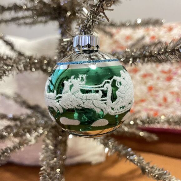 3" Radko Shiny Brite Stenciled Flocked Ornament Santa Sleigh Ride Green Blue Mcm - Picture 1 of 5